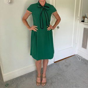 J. Crew Tie-Neck 365 Crepe Dress in Green with Navy Contrast Piping